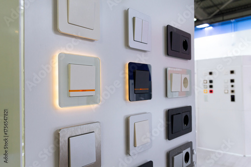 Electrical household switches and sockets on the stand in the store