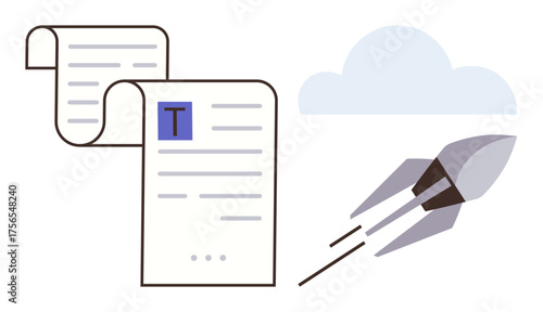 Document scroll with text and rocket launching nearby, signifying innovation and rapid progress. Ideal for productivity, growth, creativity, technology, innovation, digital transformation, simple