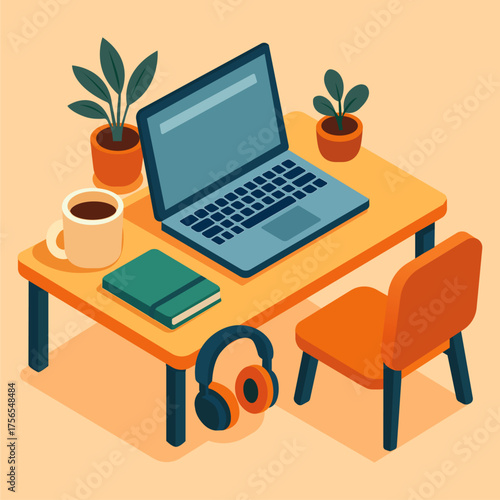 Modern Isometric Remote Workspace Vector Illustration for Tech & Productivity