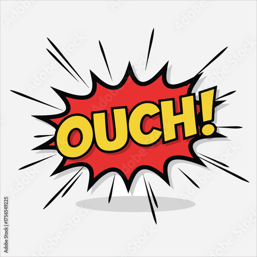 Retro Comic Book Style Ouch Explosion with Black Outline and Radial Burst.
