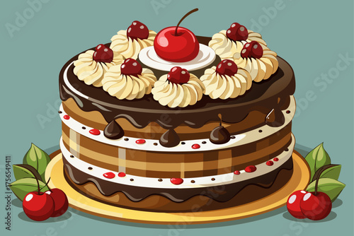 vector of Germany's dream candy!
Layered chocolate cake with cream, cherries and a little cherry liqueur. It comes from the famous Black Forest region and has become a symbol of German confectionery.