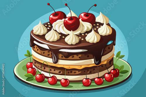 vector of Germany's dream candy!
Layered chocolate cake with cream, cherries and a little cherry liqueur. It comes from the famous Black Forest region and has become a symbol of German confectionery.
