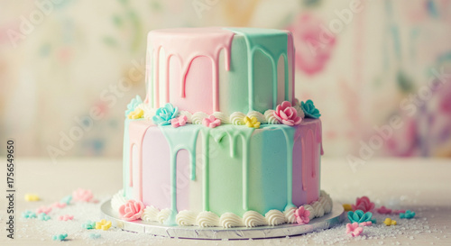 A delightful two-tiered cake adorned with pastel pink and teal icing drips and charming floral decorations, perfect for celebrations