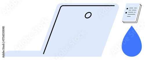 Open laptop with a blue droplet and documents, symbolizing technology, digital work, sustainability, cloud storage, productivity, and innovation. Ideal for business, eco-consciousness modern tech