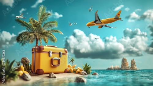Tropical Paradise - Suitcase on Beach with Airplane and Palm Tree.