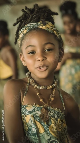 A radiant young girl of African descent smiles widely, showcasing her beautiful features and ethnic attire.