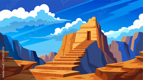 A rugged and majestic terrain with sandstone cliffs forming a natural staircase to the blue cloudstudded sky above.