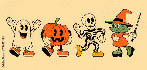 Cartoon Halloween characters including a ghost pumpkin skeleton and witch in a retro style perfect for holiday designs