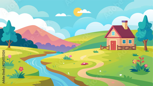 A peaceful countryside setting with a charming farmhouse overlooking a babbling brook and fields of wildflowers.