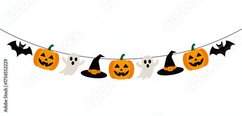 Halloween banner with pumpkins ghosts bats and witch hats festive decoration for holiday events and parties isolated on white