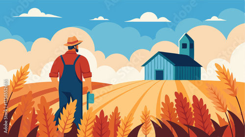 A lone farmer tends to his fields of golden wheat with a weathered barn and silo in the distance.