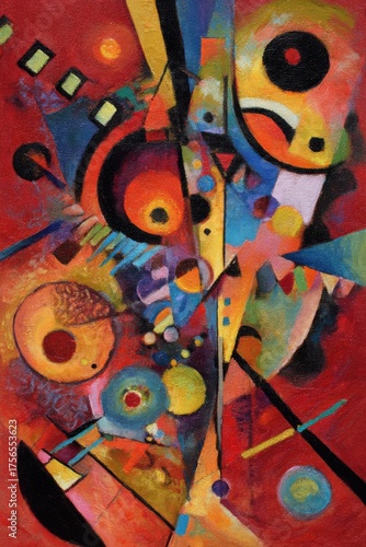 Abstract colorful shapes in painted canvas. Background details are suggestive