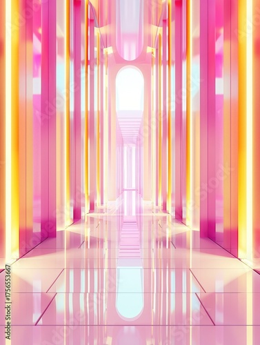 Abstract corridor, light glows, geometric shapes, bright future background design