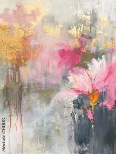 Abstract floral painting showcases blooms with gold leaf for wall art or design use