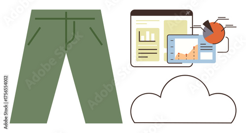 Green pants alongside graphs, pie chart, and cloud, linking fashion, statistics, and technology. Ideal for e-commerce, analytics, fashion trends cloud computing retail management market research