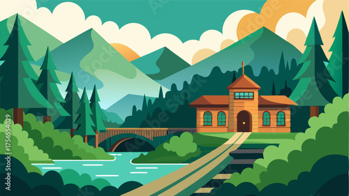 An old train station surrounded by lush green forests and a babbling brook giving off a serene and tranquil vibe.