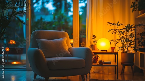 Cozy armchair by a window in a warmly lit living room at night.