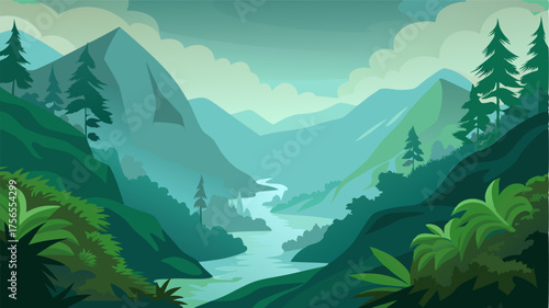 A misty valley blanketed in rich foliage the sound of a rushing river echoing through the trees.