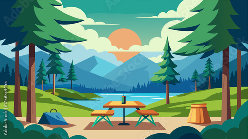 A picturesque picnic area nestled in a grove of towering evergreen trees with a view of the sparkling river off in the distance.