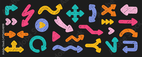 Chalk pencil arrows doodle set. Charcoal childish scribble direction pointers in sketch style. Crayon and Grunge texture. Hand drawn vector illustration isolated on black background