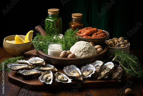 Assorted seafood presentation with oysters, scallops, greens, lemon, and balsamic vinegar on  board