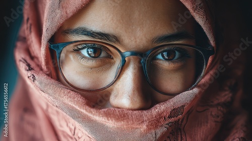 Wallpaper Mural beautiful young muslim woman wearing hijab and spectacles islamic curvy woman looking at camera closeup face of arabic girl wearing eyeglasses and looking at camera with a big grin no logos no brands Torontodigital.ca