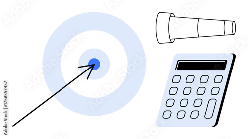Arrow hitting blue target center, telescope, and calculator symbolizing strategy, goals, and analysis. Ideal for planning, business, vision, precision strategy decision-making simple flat metaphor
