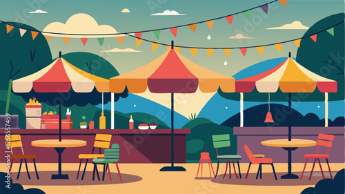 Amidst the sea of food stalls one can find a cozy seating area adorned with string lights and colorful umbrellas creating the perfect ambiance for dining al fresco.