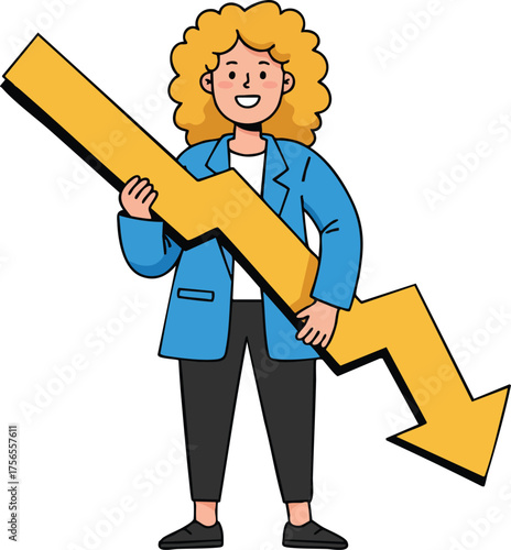 Businesswoman holding yellow downward arrow symbolizing financial decline or loss in business strategy and market trends 