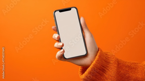 close up of woman hand using smartphone isolated on orange wall female hands showing empty white screen of modern smart phone businesswoman holding cellphone and unlocks it with her fingerprint no lo