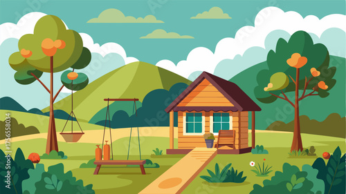A peaceful cottage tucked away in the countryside with a wooden porch swing and a vegetable garden.