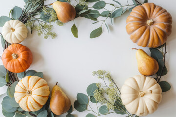 Autumn frame with pumpkins pears and eucalyptus leaves a seasonal decoration for Thanksgiving or fall celebrations on a white background