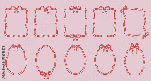 Coquette boarders with bows and ribbons in sketch style. Hand drawn whimsical wedding frame doodle set.  Vintage vector illustration for Valentine’s Day, wedding invitations.