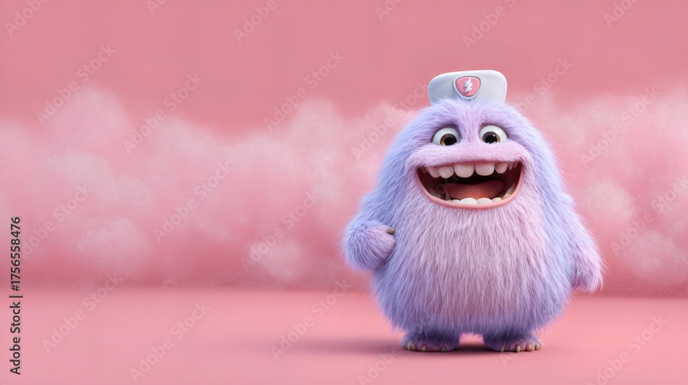 Fototapeta premium Cute fluffy purple monster wearing a nurse cap. Funny cartoon character smiling wide with a large mouth. Cartoon creature for children.
