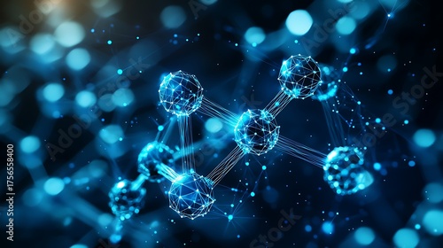 Abstract glowing blue atomic structure with network connections.