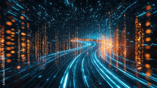 Abstract Digital Data Flow in a Futuristic Cyber Tunnel with Blue and Orange Light Trails.
