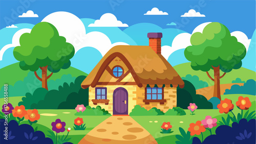 A picturesque countryside cottage with a thatched roof and a garden bursting with colorful blooms.