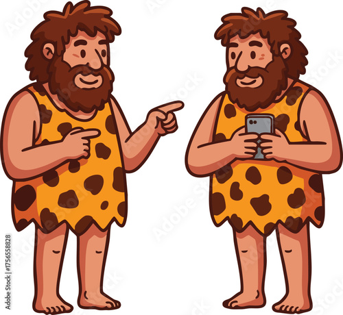 Cartoon prehistoric cavemen pointing and holding smartphone in stone age attire vector illustration 