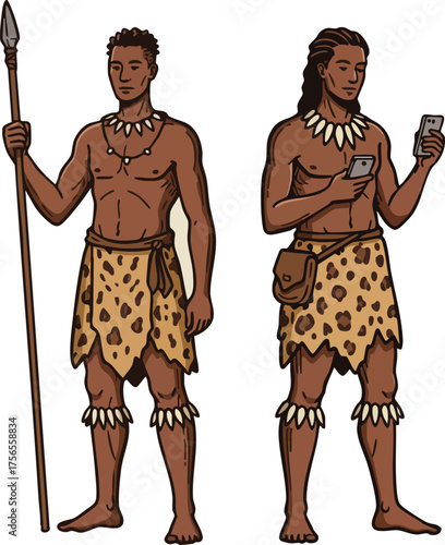 Two tribal men in traditional clothing with spear and mobile phone standing together in modern and ancient contrast vector illustration 