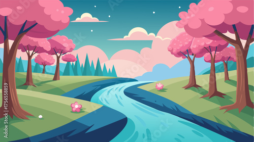 A dreamy riverbank lined with swaying bamboo and delicate cherry blossom trees creating a serene oasis.