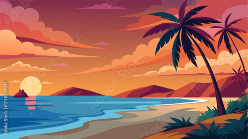 An idyllic sunset beach with palm trees swaying in the gentle breeze and the ocean reflecting the warm colors of the sky creating a heavenly ambiance.