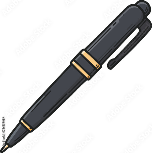 Black ballpoint pen with gold details and clip in simple vector illustration style