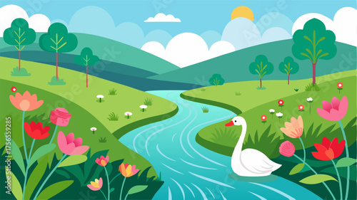 A peaceful riverbank adorned with vibrant wildflowers and graceful swans gliding on the tranquil surface.