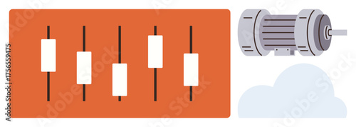 Candlestick chart for market trends, motor representing industry, and cloud for data or modern tech. Ideal for finance, technology, industry, innovation, data analysis, automation simple flat