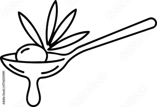 Olive branch and olive on dripping spoon line art minimal vector illustration design for food and cooking themes 