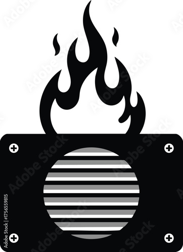 Computer fan overheating with flames symbol for electronic device cooling failure and heat warning vector illustration 