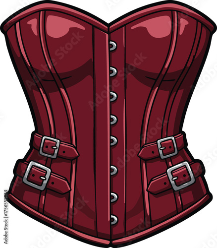 Red leather corset with buckle straps and button closure stylish fashion apparel vector illustration 