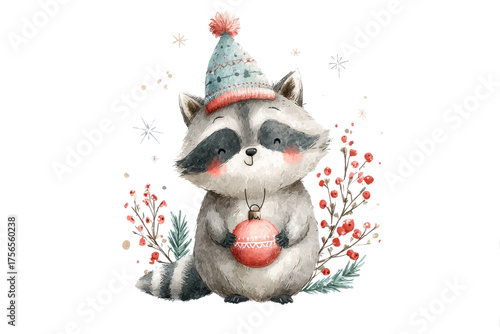 Cute raccoon wearing a Christmas hat and holding an ornament watercolor illustration for holiday cards and seasonal designs isolated on white background