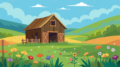 A dilapidated hay barn stands at the edge of a lush meadow with colorful wildflowers dotting the landscape.