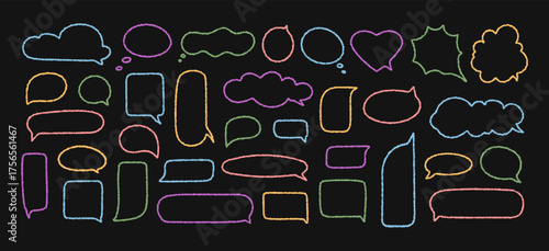 Colorful crayon speech balloon set with organic contour. Round bubble and cloud textbox, banner and dialogue quote shape for chat or graphic use. Ideal for fun comic design communication.